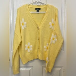 Just Polly Cozy Yellow Daisy Button-Front Cardigan
